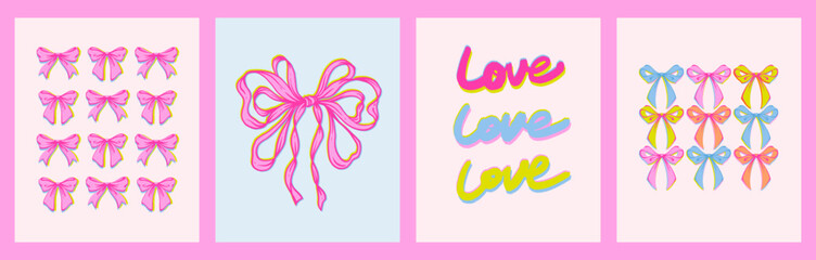 Coquette Love, Bows Print Set. Playful, feminine collection of girly Whimsical prints with pink ribbon bows and handwritten “Love” slogan in vibrant vintage risograph style. Retro aesthetics.