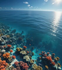 Sun-dappled ocean surface, calm blue water; vibrant coral reef below , ocean, tranquil