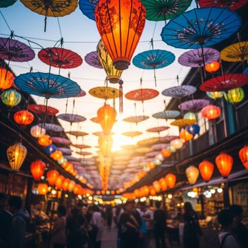 an asian night market with traditional lanterns and umbrellas at gold hour