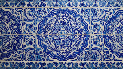 An exquisite wall showcasing hand painted ceramic tiles with traditional floral motifs in blue and white
