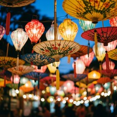 an asian night market with traditional lanterns and umbrellas at gold hour