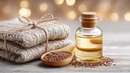 Golden flaxseed oil in a glass bottle beside linen towels and flaxseeds on a wooden surface with soft glowing background
