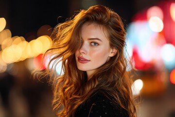 Fototapeta premium Beautiful woman with flowing hair smiles softly at night amidst glowing lights in a bustling urban environment