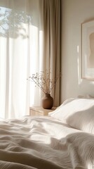 Cozy bedroom with natural light highlighting simple decor and a vase of dried flowers in a serene setting