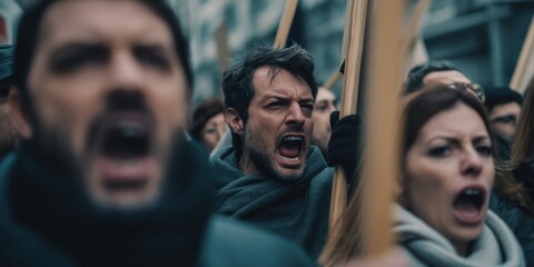 Obraz premium Protesters chant passionately during a demonstration advocating for social change in an urban setting in the early evening