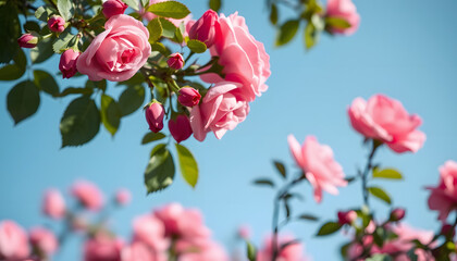 Obraz premium Lush spring border with vibrant blooming roses on a serene blue backdrop. Delicate rose hips in full bloom beneath a clear azure sky, gently blurred for a dreamy effect., pop-art. isolated with whit