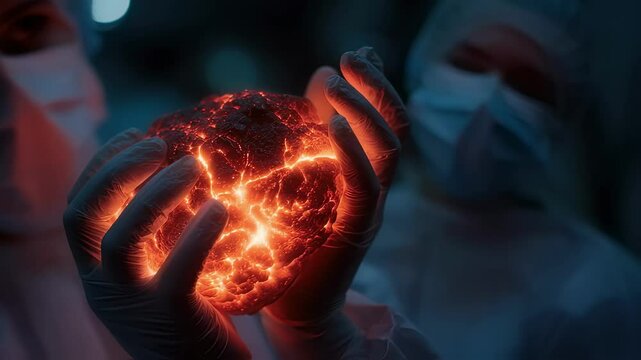 Enhanced by AR the surgeons gloved hands manipulate a vibrant tumor representation made up of luminous ember formations showcasing the intersection of technology and medicine in cancer