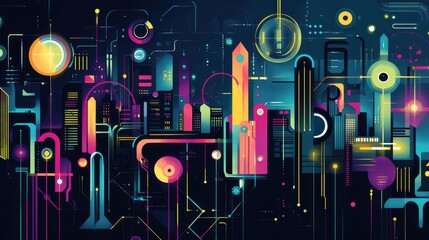 Obraz premium Abstract cityscape illustration with vibrant colors and technological elements.