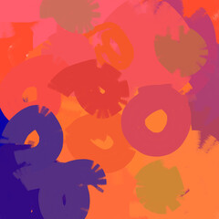 Vibrant geometric abstraction featuring layered organic shapes in a lively palette of orange, pink, and purple.