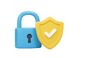Isolated Blue Padlock and Yellow Security Shield with White Checkmark