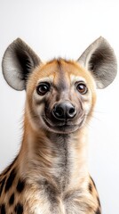 Hyena with distinctive ears and playful expression in studio setting creates charming portrait