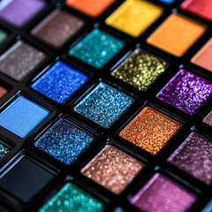 Fototapeta premium Close up of a makeup palette with many different colors. The palette is full of glitter and the colors are bright and vibrant. Concept of fun and excitement
