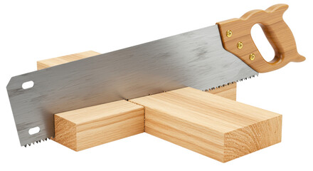 Isolated Hand Saw Cutting Wood in Miter Box