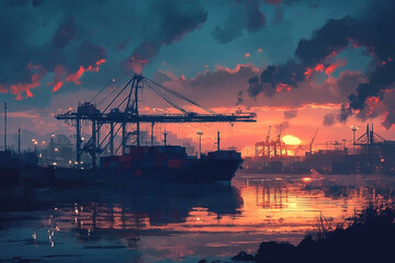 Dramatic cargo shipping dockside cityscape at sunset art illustration