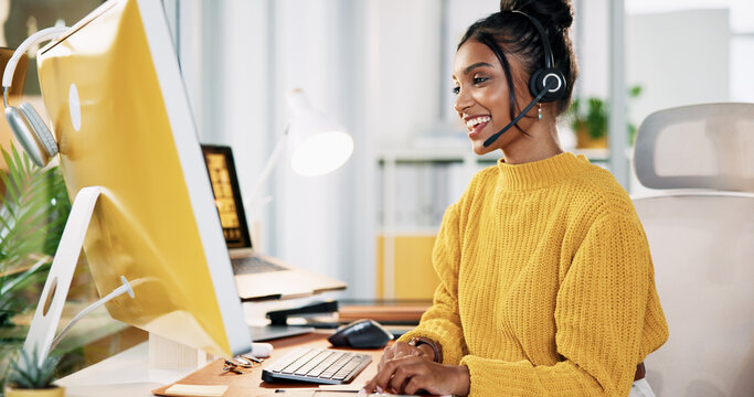 Call center, representative and woman with headset, online and review of sales on computer or smile. Telemarketing, agent and person with tech for communication, happy or employee with info on web