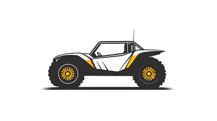 Minimalist black and white logo of a Dakar rally raid truck with oversized wheels, roof spare tire, bold yellow accent, high clearance, and pastel details on white &mdash; rugged, clean, and modern design.