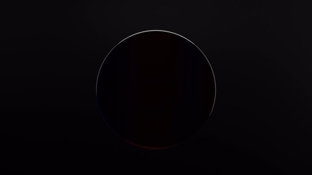 3d animated geometric background of spinning glass circle. Rainbow colors reflection glass. Abstract glass effect and circle motion movement on black background. 3d 4k seamless looped video