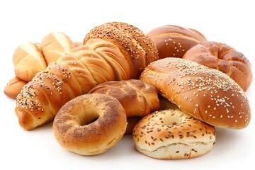 A pile of assorted baked goods, including bread, bagels, and rolls, displayed on a white background. The color scheme is golden brown.