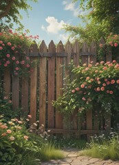 Distressed wooden fence partially hidden by lush flowering vines, vintage frame , cracked, climbing