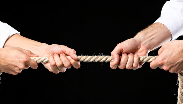 Close up de unas manos de hombre tirando con fuerza de una cuerda en concepto de lucha de poder o conflicto