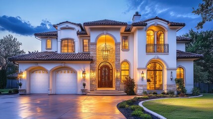 Luxurious Mediterranean home at twilight, suburban setting, real estate listing