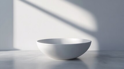Minimalist white bowl placed on a clean white surface, isolated against a softly lit background, perfect for culinary or product photography, simplicity, modern design.