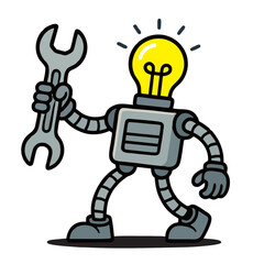 Flat Cartoon Robot Holding Wrench Illustration with Idea Icon