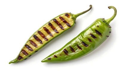 Fototapeta premium Deliciously grilled green poblano peppers arranged against a clean white background for culinary or cooking projects