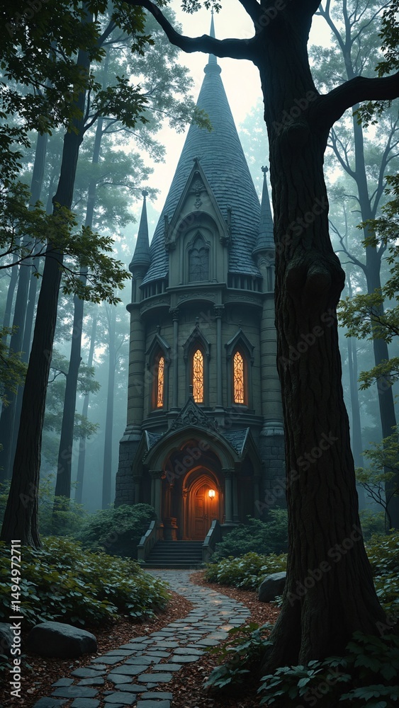 Poster Enchanted Gothic Structure Illuminated by Warm Light in a Mystical Forest Setting