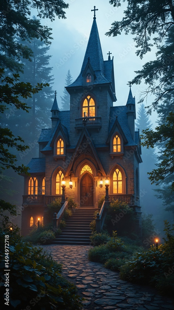Poster Enchanted Gothic Structure Illuminated by Warm Light in a Mystical Forest Setting