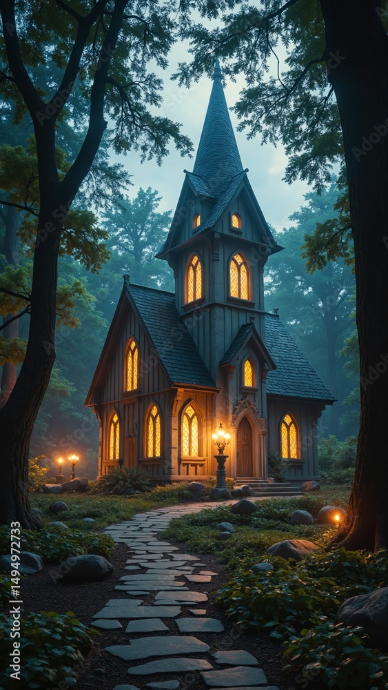 Aufkleber enchanted gothic structure illuminated by warm light in a mystical forest setting