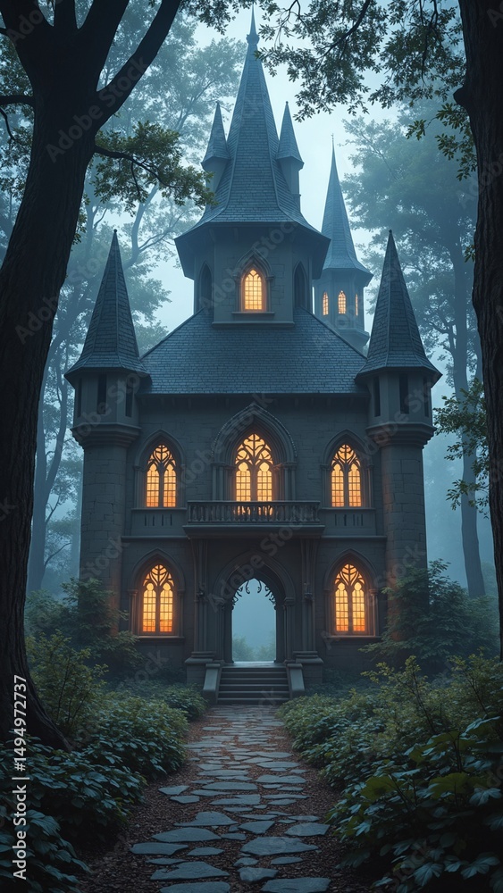 Poster Enchanted Gothic Structure Illuminated by Warm Light in a Mystical Forest Setting
