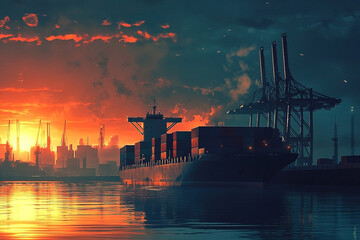 Dramatic sunset over the docks with a cargo ship ready for global trade
