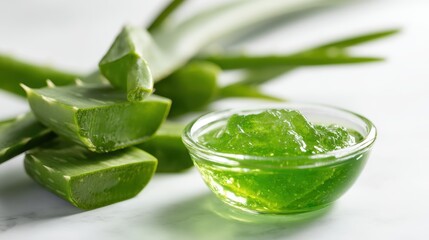 Obraz premium Fresh Aloe Vera Gel and Leaves on White Surface for Natural Beauty and Skin Care Products