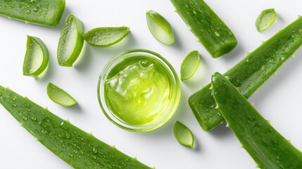 Fresh Aloe Vera Gel Surrounded by Green Aloe Leaves and Slices on Clean White Background
