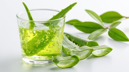 Fototapeta premium Refreshing Aloe Vera Drink with Fresh Green Leaves in a Glass on a Light Background