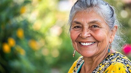 Positive mature elderly indian woman smiling at camera with beautiful white teeth outdoors. pension insurance, health insurance, dental clinic special offer, dentistry, nursing home. Copy space - Powered by Adobe