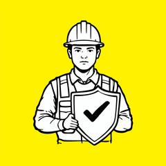 Construction Worker Holding a Shield Safety Check Mark