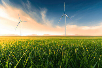 Wind turbine, grassland, renewable energy, green field, blue sky, landscape, sustainable