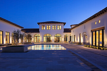 Serene twilight scene of a luxurious villa with a refreshing swimming pool