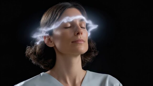 A futuristic braincomputer interface with neural pathways illuminated where an AGI visualizes stress signals and offers calming mindfulness recommendations through holographic audio