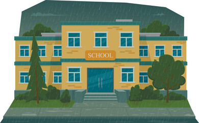Illustration of a school building on a rainy day, with dark clouds and wet surroundings. Designed in a clean cartoon style, this scene fits educational projects, story visuals, editorial use, children