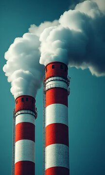 Industrial chimneys with smoke emission against a teal sky