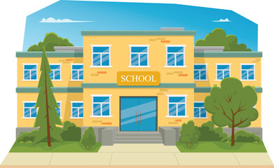 Crisp vector composition showing a symmetrical view of a modern school exterior. Created in a clean cartoon style, this file is perfect for educational content, learning apps, book covers, and infogra