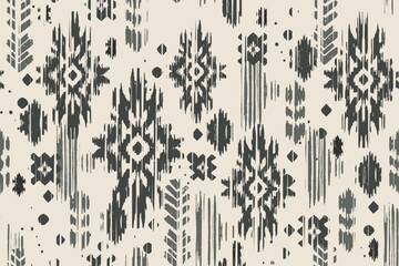 A seamless ikat pattern inspired by tribal and folk embroidery. Featuring Mexican Aztec geometric shapes. Perfect for graphic art, rug design, wallpaper, gift wrapping and clothing
