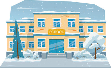 Bright and friendly vector of a school building on a snowy day. Flat cartoon style with winter trees and falling snow, perfect for educational use, holiday visuals, classroom posters, and digital.