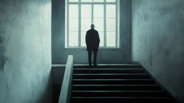 Mysterious Man in Dark Room with Stairs and Window
