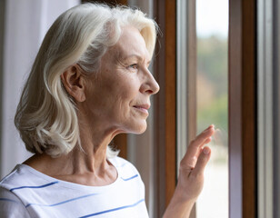 Sad woman looking through window