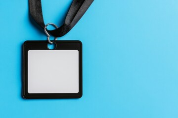 The design features a name tag and badge mockup accompanied by a blank lanyard card on a blue background