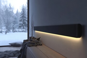 Modern minimalist bedside console with LED strip light, snowy forest view